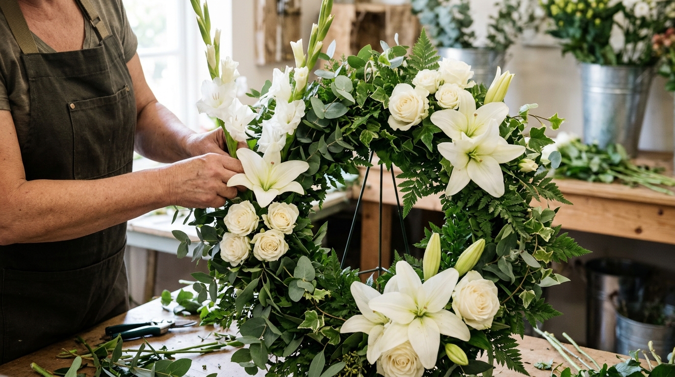 گل آرایی حرفه ای برای خرید تاج گل تازه در کارگاه تاج گل تشریفات